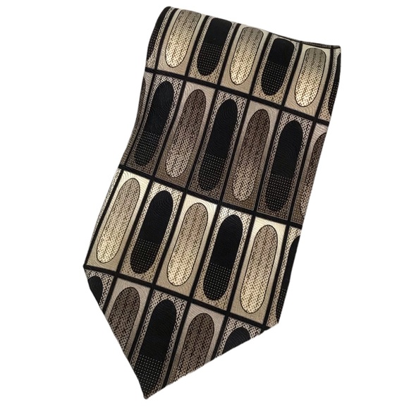 EXTRA LONG Bergamo New York Silk Tie Handmade Brown Tan Oval Print - Picture 11 of 11